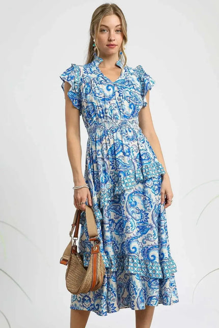 Heraki Paisley Print Ruffle Sleeve Midi Dress - Heraki 