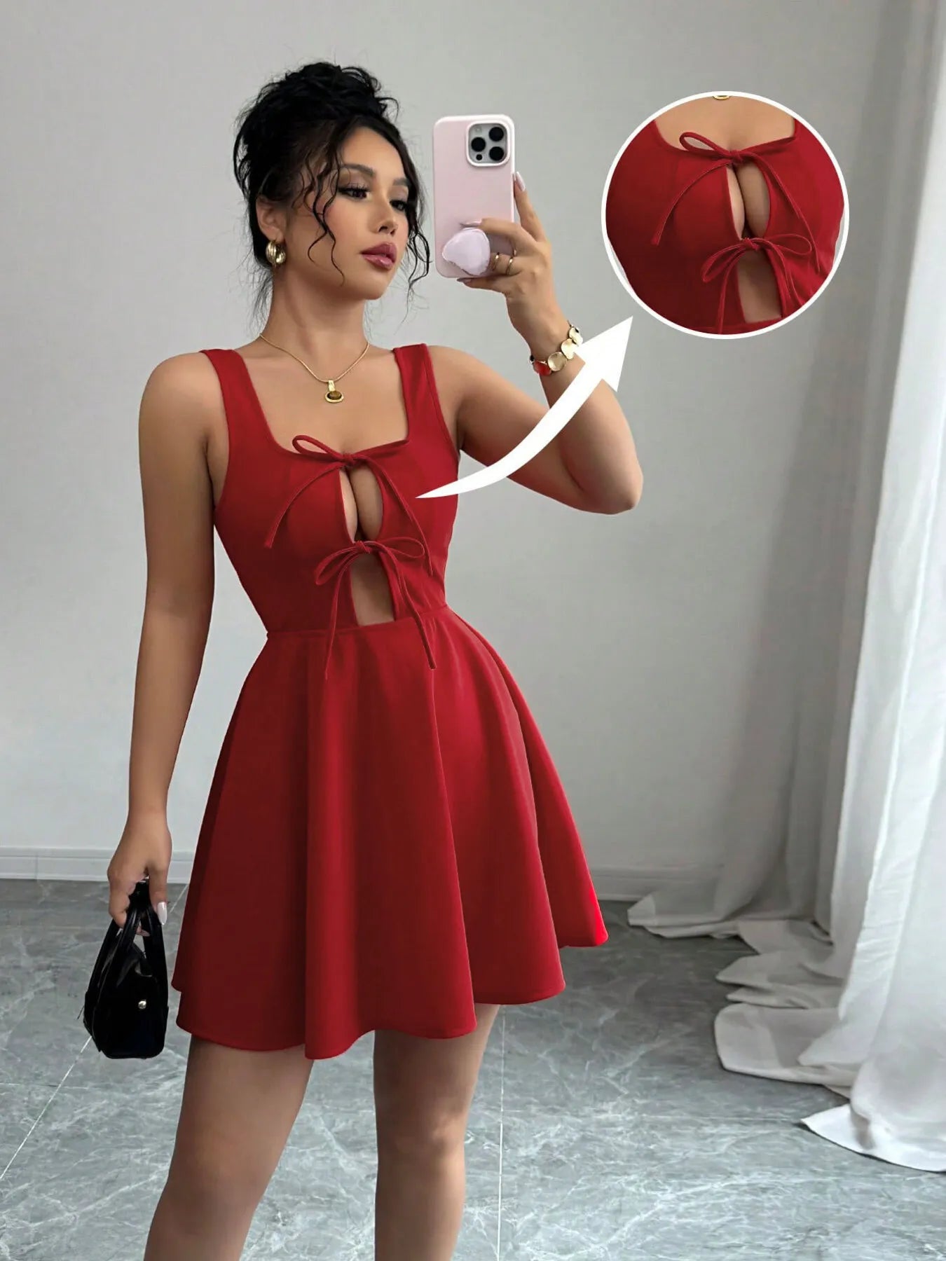 Tie-Front Wide Strap Cutout Mini Dress