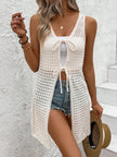 Front Tie Crochet Sleeveless Longline Cardigan - Boho Openwork Layering Vest