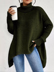 Turtleneck High-Low Hem Ribbed Sweater - Oversized Asymmetrical Knit Pullover