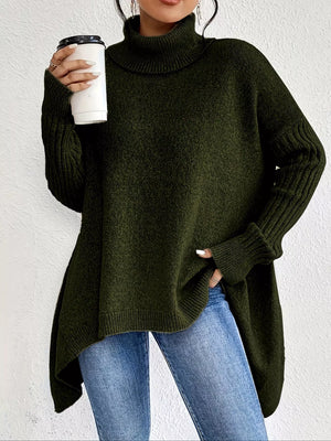 Turtleneck High-Low Hem Ribbed Sweater - Oversized Asymmetrical Knit Pullover