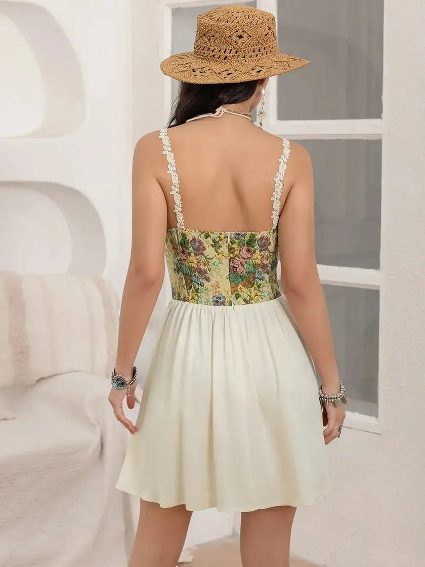 Floral Lace Up Corset Mini Cami Dress - Heraki 