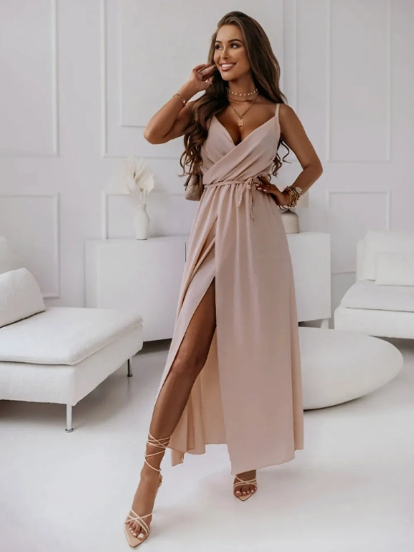 Honey Tie-Waist Surplice Midi Dress