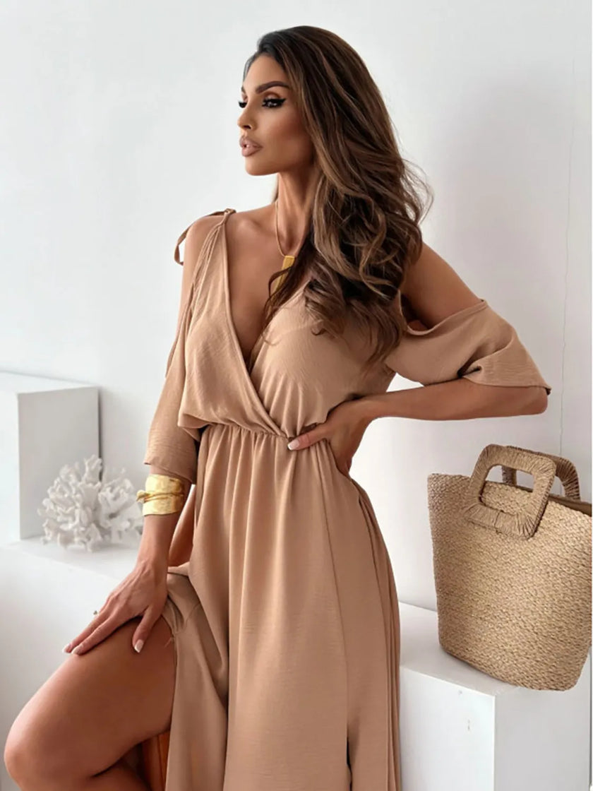 Tied Shoulder Slit Maxi Dress