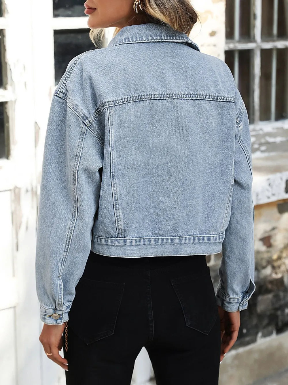 Women's Button Up Cropped Denim Jacket with Chest Pockets