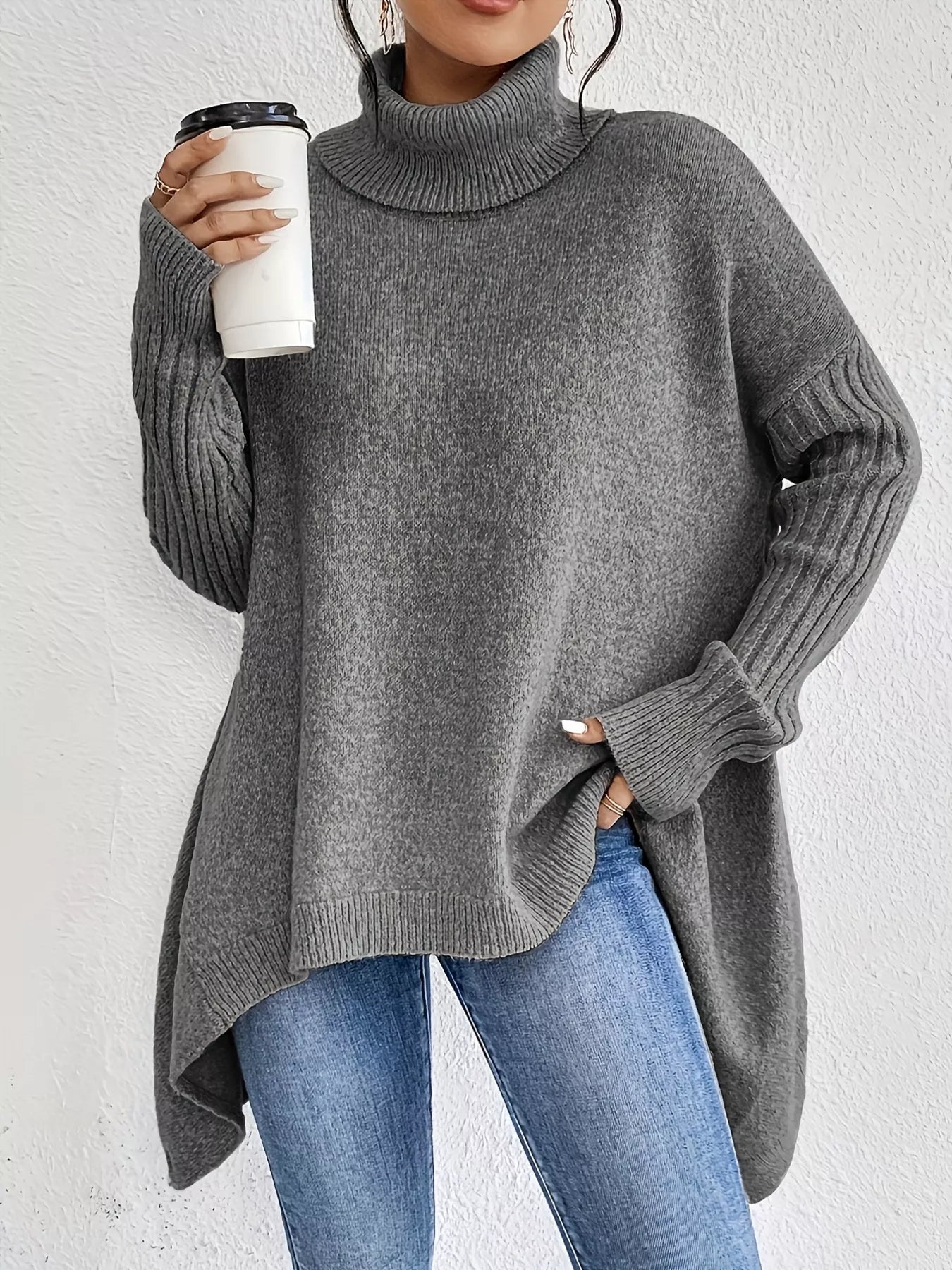 Turtleneck High-Low Hem Ribbed Sweater - Oversized Asymmetrical Knit Pullover