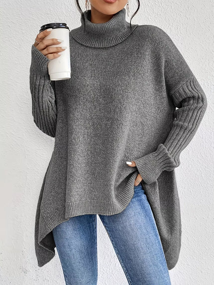 Turtleneck High-Low Hem Ribbed Sweater - Oversized Asymmetrical Knit Pullover