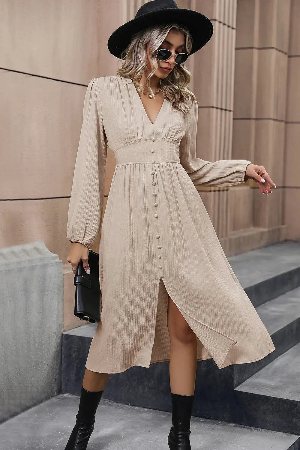 Heraki V-Neck Buttoned Slit Dress - Heraki 