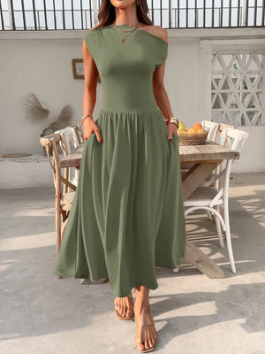 Single Shoulder Midi Dress with Pockets - Chic One-Shoulder Summer Silhouette