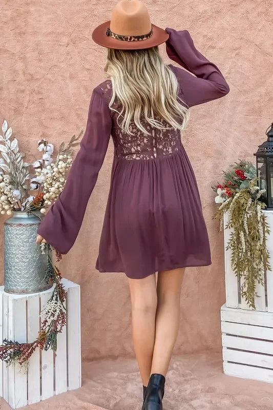 And The Why Back Lace Button Down Detail Bell Sleeve Dress - Heraki 