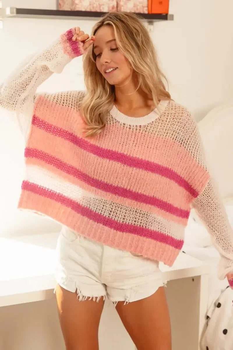 Hollow Out Yoke Detail Striped Sweater - Heraki 