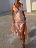 Satin V Neck Slit Maxi Dress