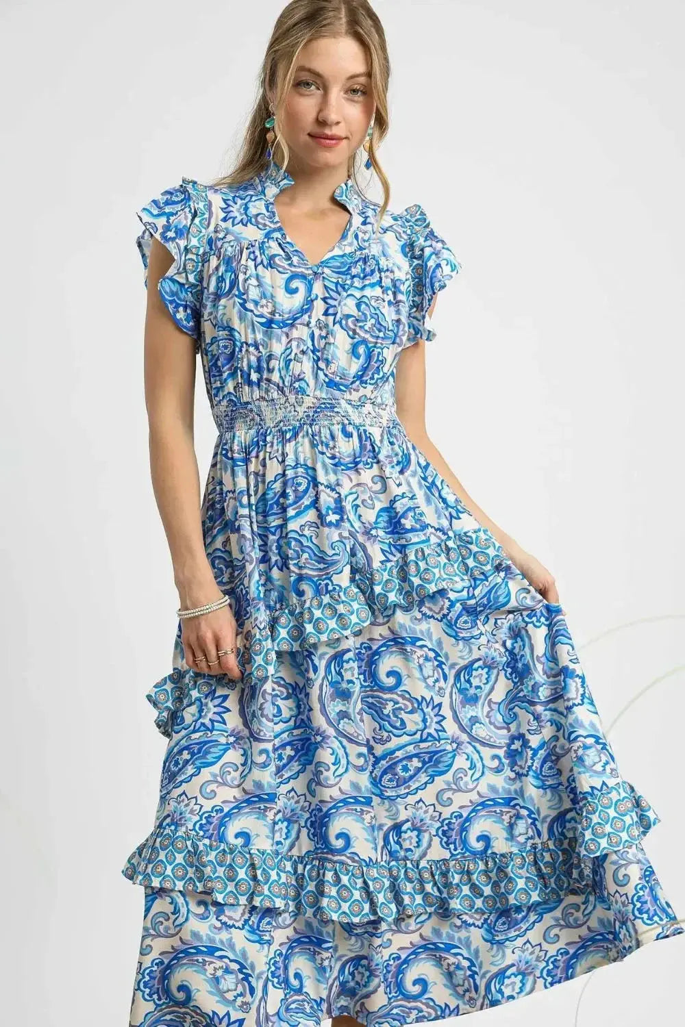 Heraki Paisley Print Ruffle Sleeve Midi Dress - Heraki 