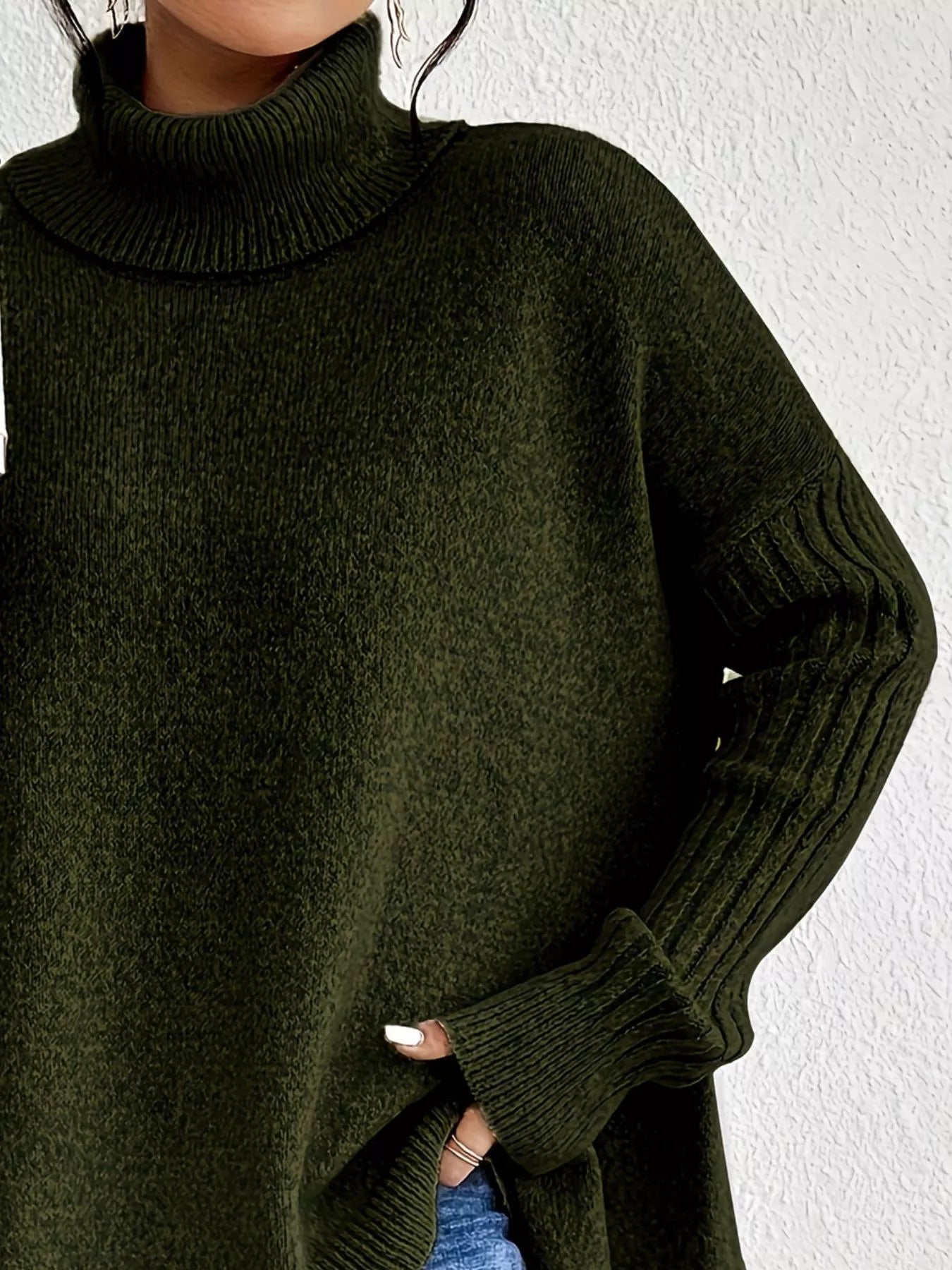 Turtleneck High-Low Hem Ribbed Sweater - Oversized Asymmetrical Knit Pullover