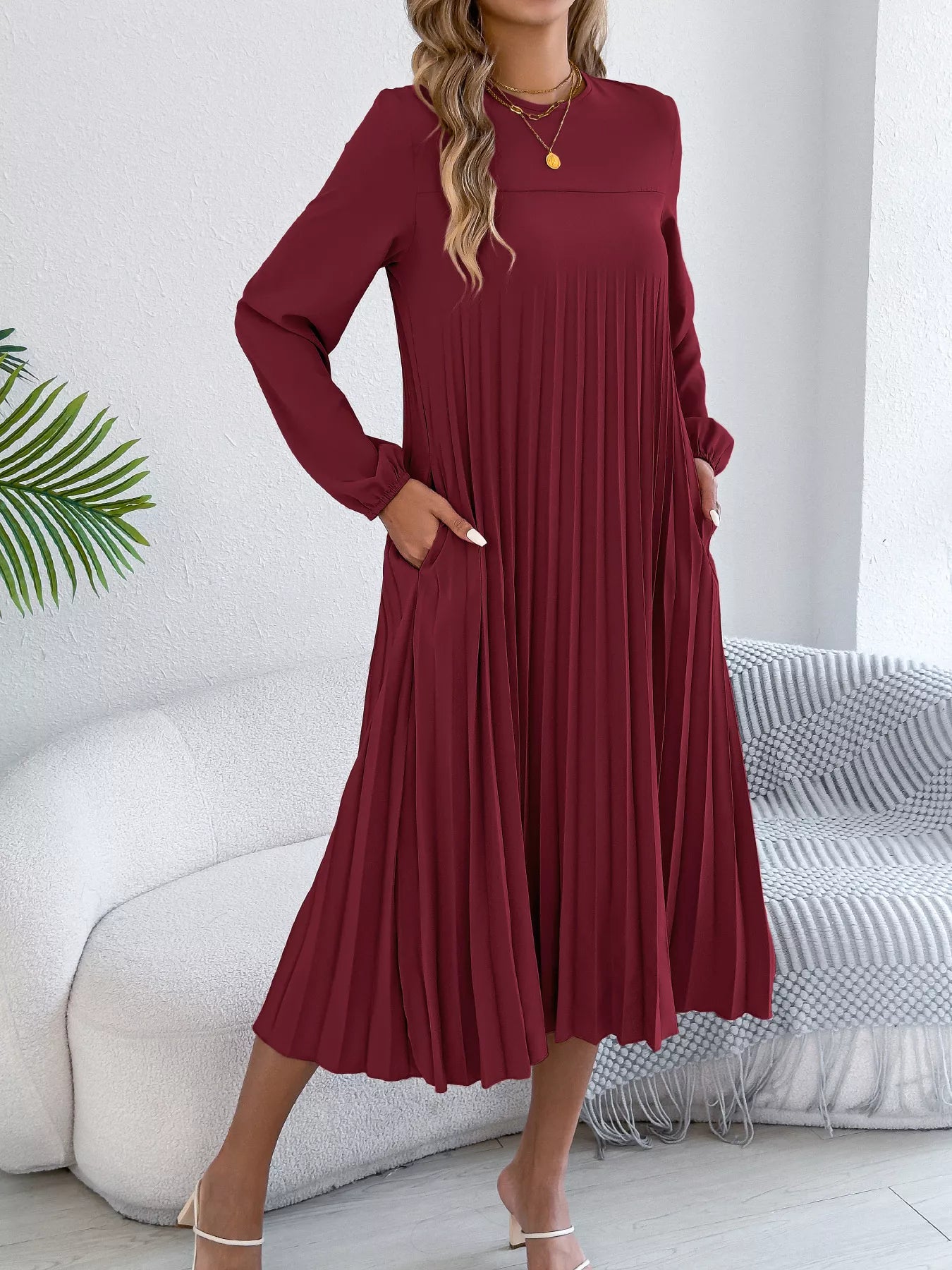 Belted Pleated Flow Midi Dress