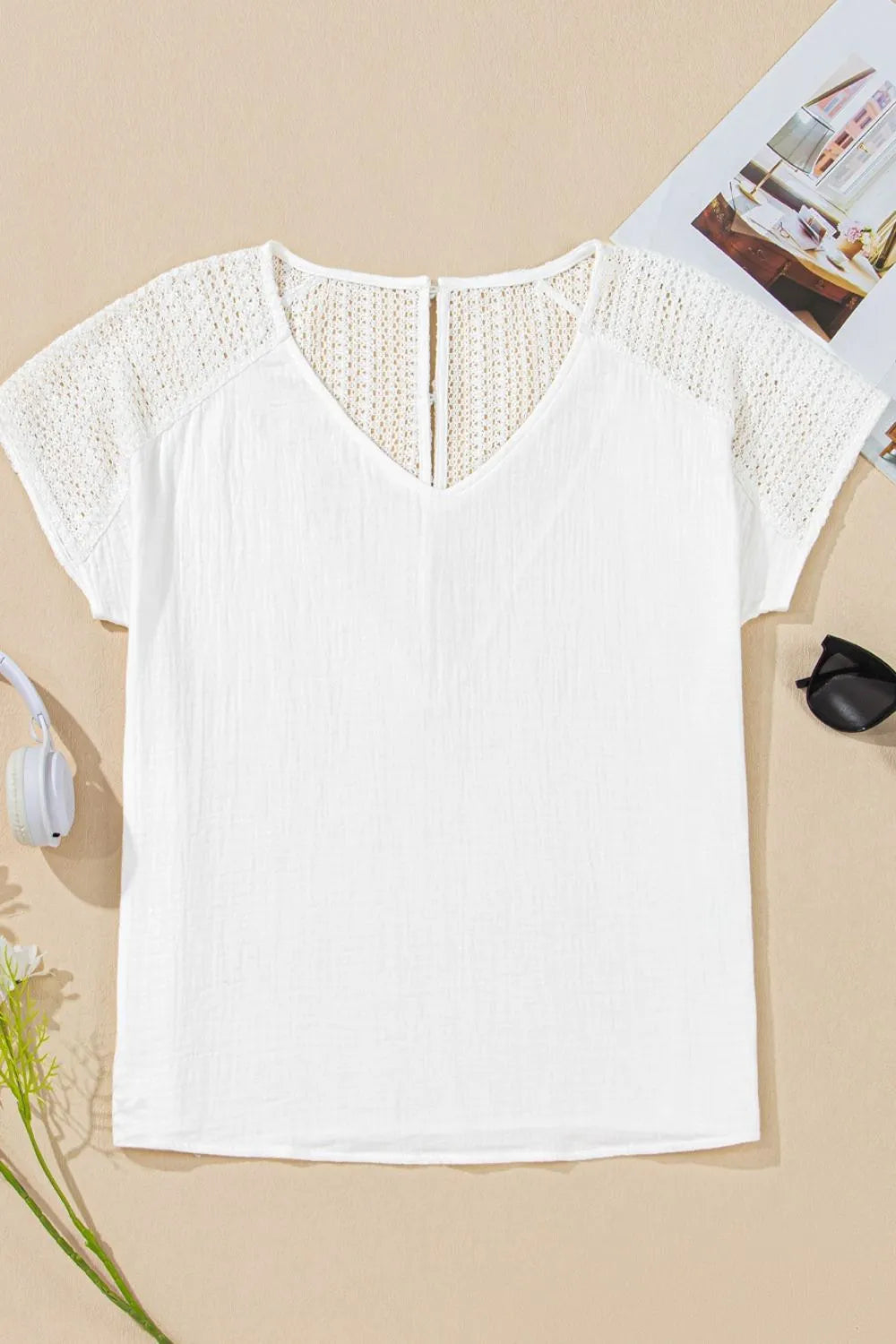 Lace Crochet Button Back V-Neck Tee