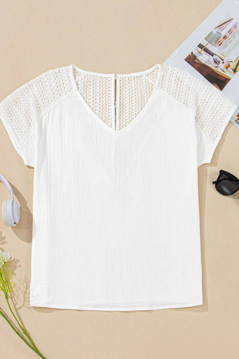 Lace Crochet Button Back V-Neck Tee