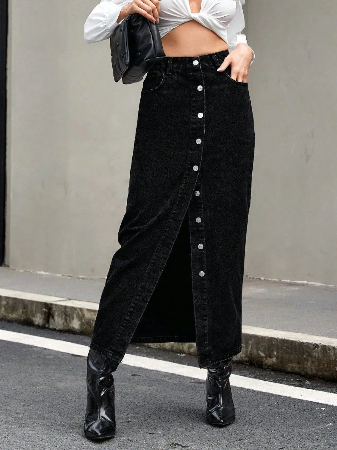 Button Front Slit Denim Skirt