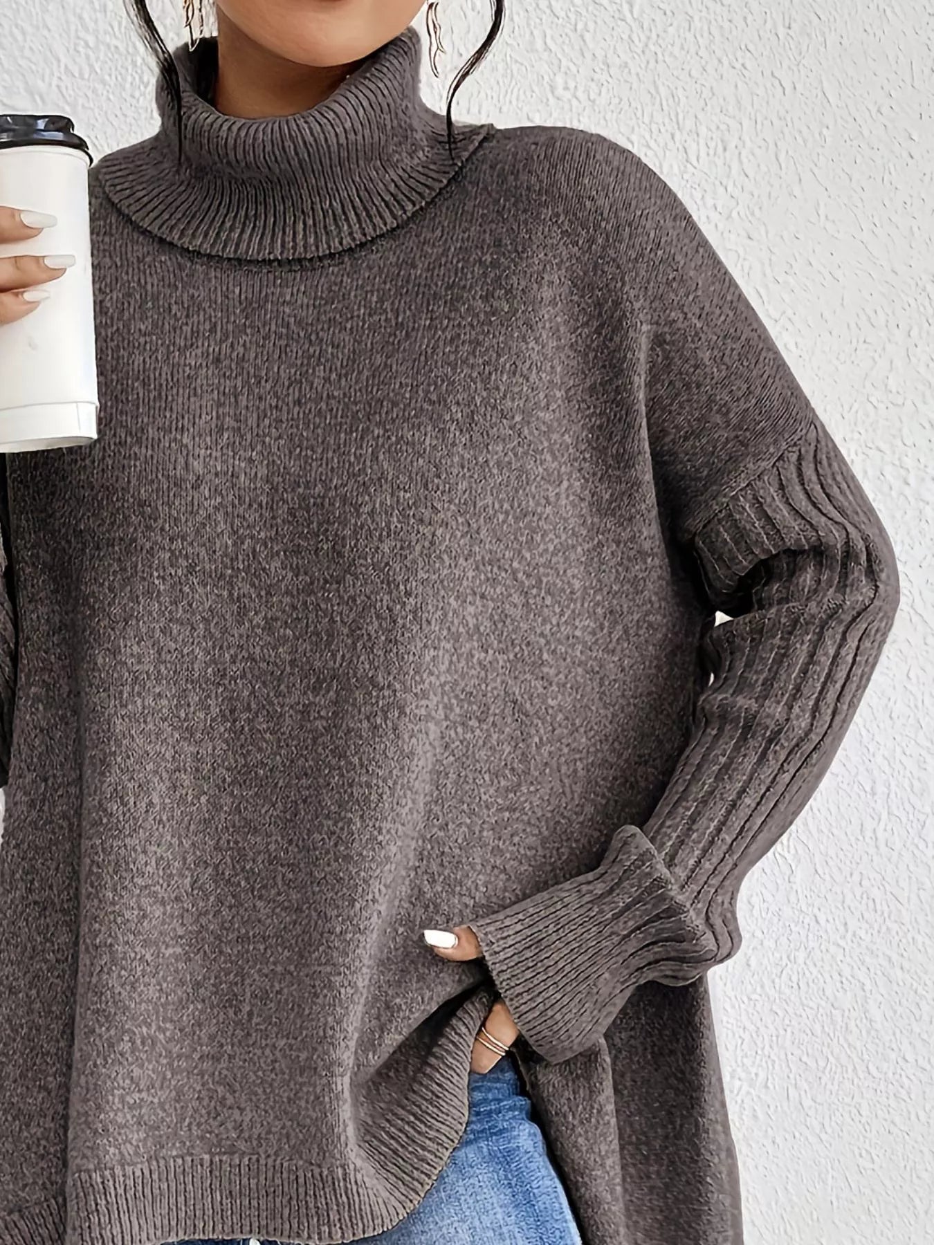 Turtleneck High-Low Hem Ribbed Sweater - Oversized Asymmetrical Knit Pullover