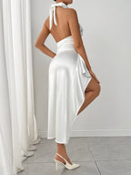 Halter Neck Satin Slit Dress