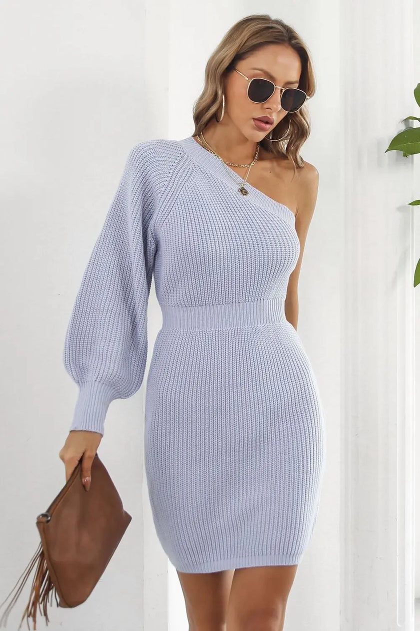 One Shoulder Ribbed Sweater Dress