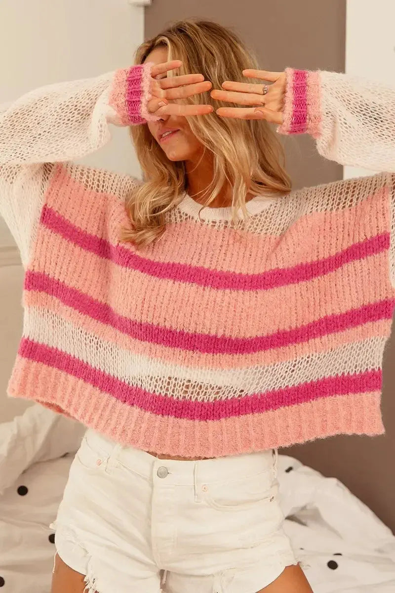 Hollow Out Yoke Detail Striped Sweater - Heraki 