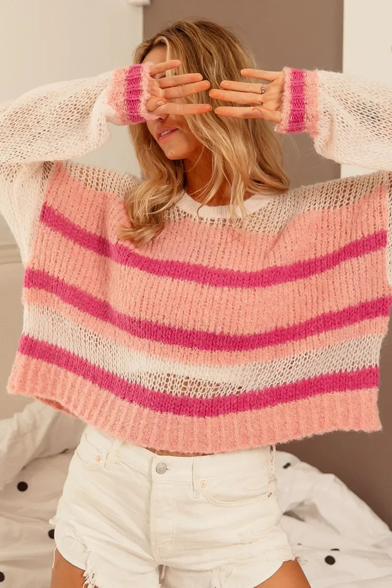 Hollow Out Yoke Detail Striped Sweater - Heraki 