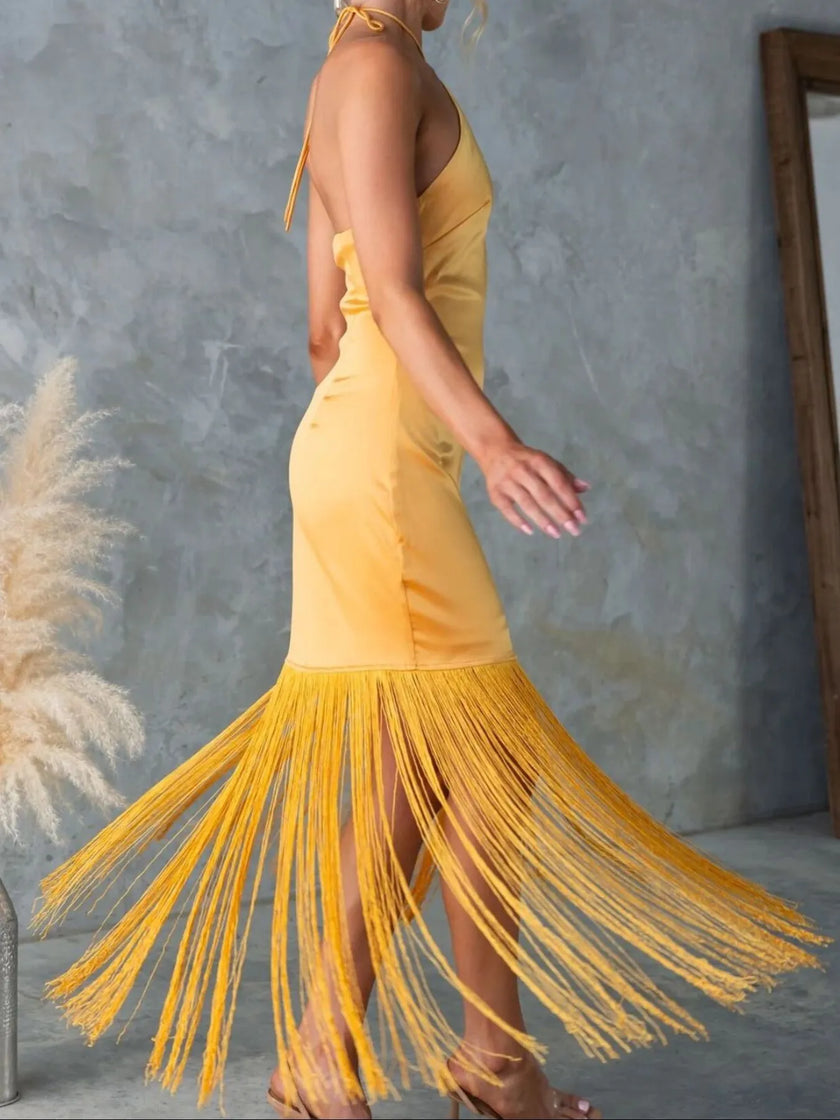 Fringe Open-Back Halter Dress
