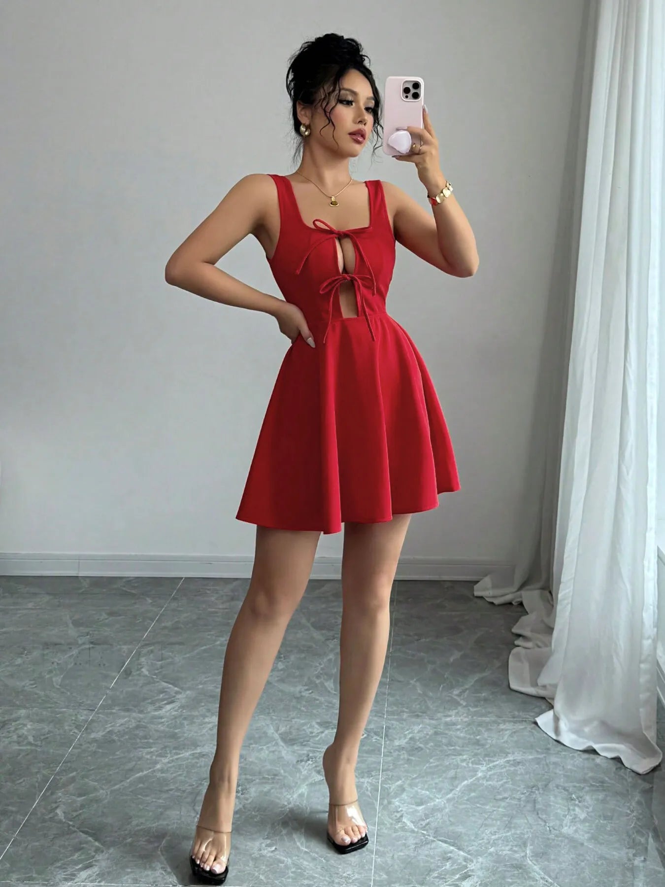 Tie-Front Wide Strap Cutout Mini Dress