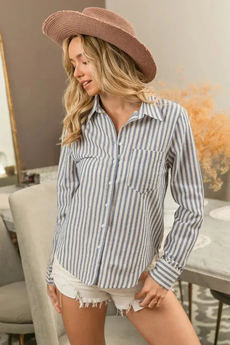 Lurex Linen Stripe Shirt Button Down Top - Heraki 