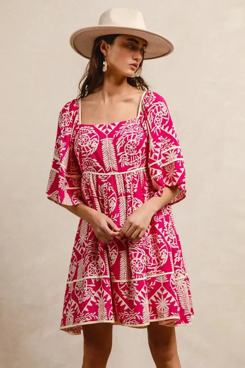 BiBi Aztec Woven Printed Contrast Binding Dress - Heraki 