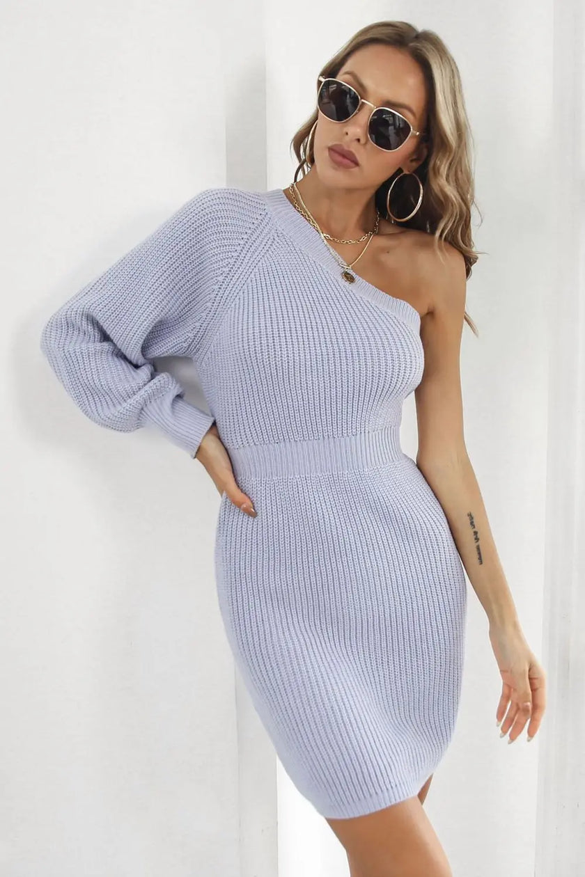 One Shoulder Ribbed Sweater Dress