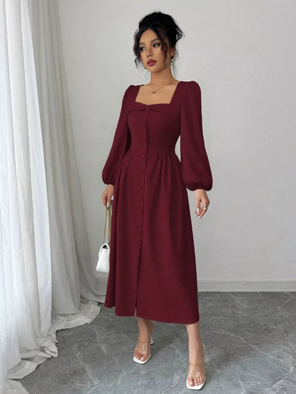 Square Neck Button-Front Midi Dress - Elegant Vintage-Inspired Summer Silhouette