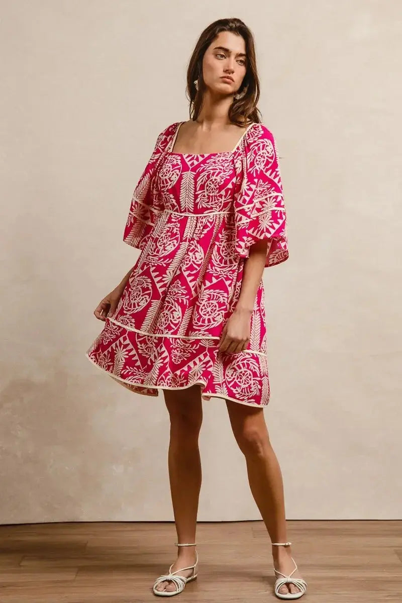 BiBi Aztec Woven Printed Contrast Binding Dress - Heraki 