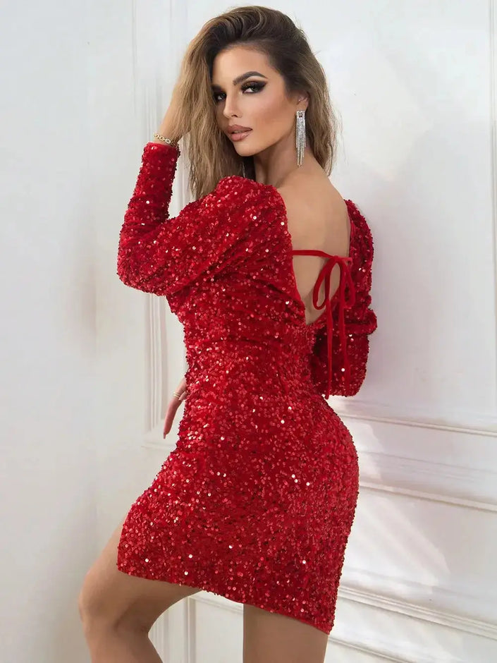 Sequin Sweetheart Neck Tie Back Long Sleeve Slit Dress - Heraki 