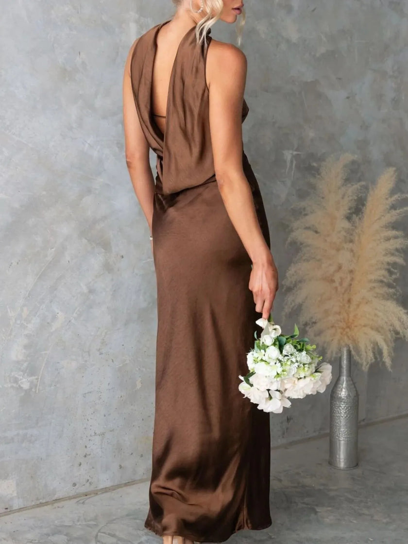 Satin Strapless Zipper Maxi Dress