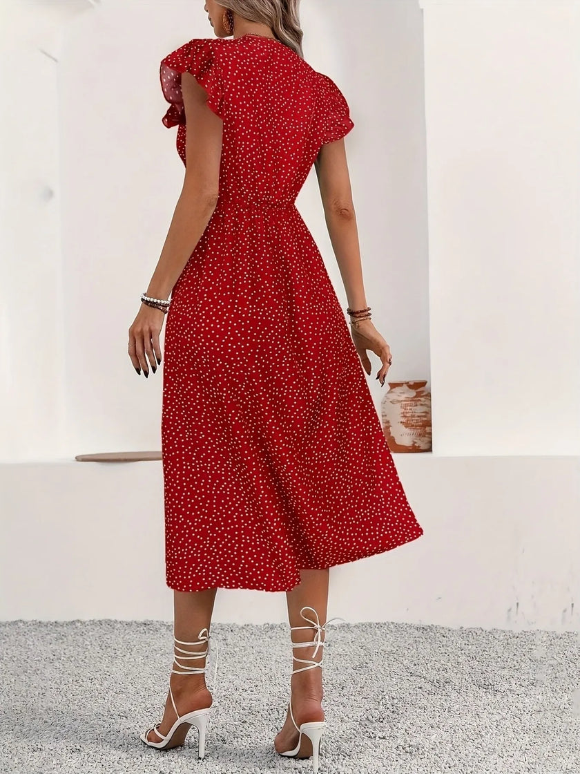 Button-Front Ruffle Sleeve Midi Dress