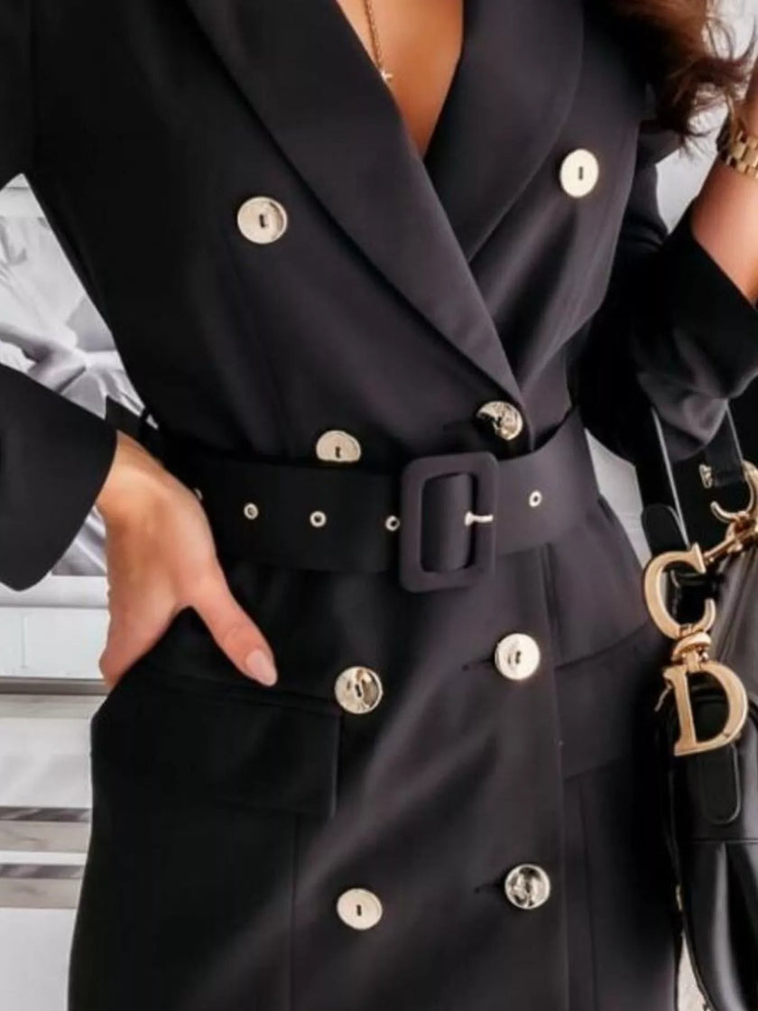 Tailored Double-Breasted Blazer Dress with Waist-Cinching Belt - Sophisticated Mini Dress