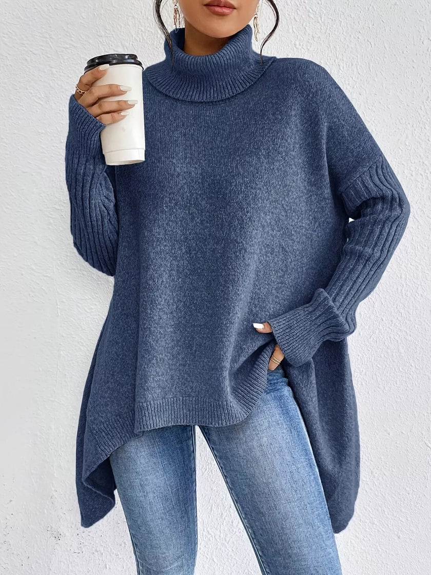 Turtleneck High-Low Hem Ribbed Sweater - Oversized Asymmetrical Knit Pullover