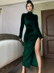 Luxe Velvet High-Neck Maxi Dress with Side Slit - Elegant Evening & Gala Gown
