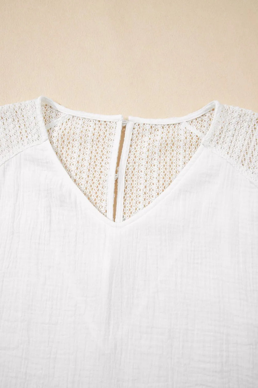 Lace Crochet Button Back V-Neck Tee