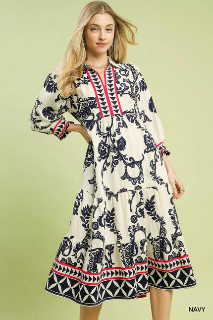 Boho Print Tiered Midi Dress with Contrast Split Neck