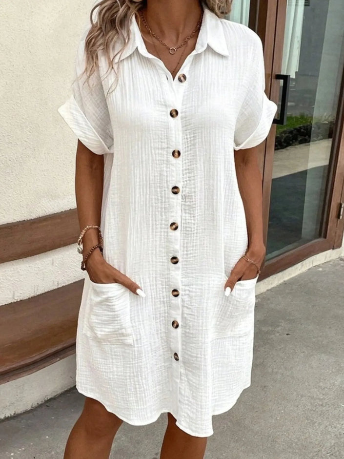 Casual Cotton Button-Down Shirt Dress with Pockets
