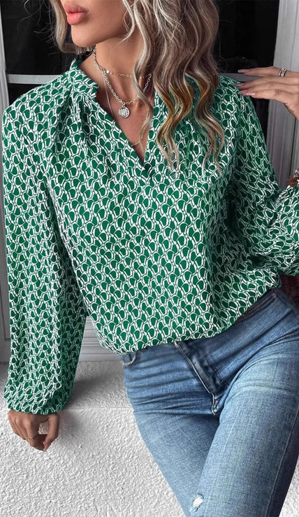 Chic Printed Notched Neck Long Sleeve Blouse