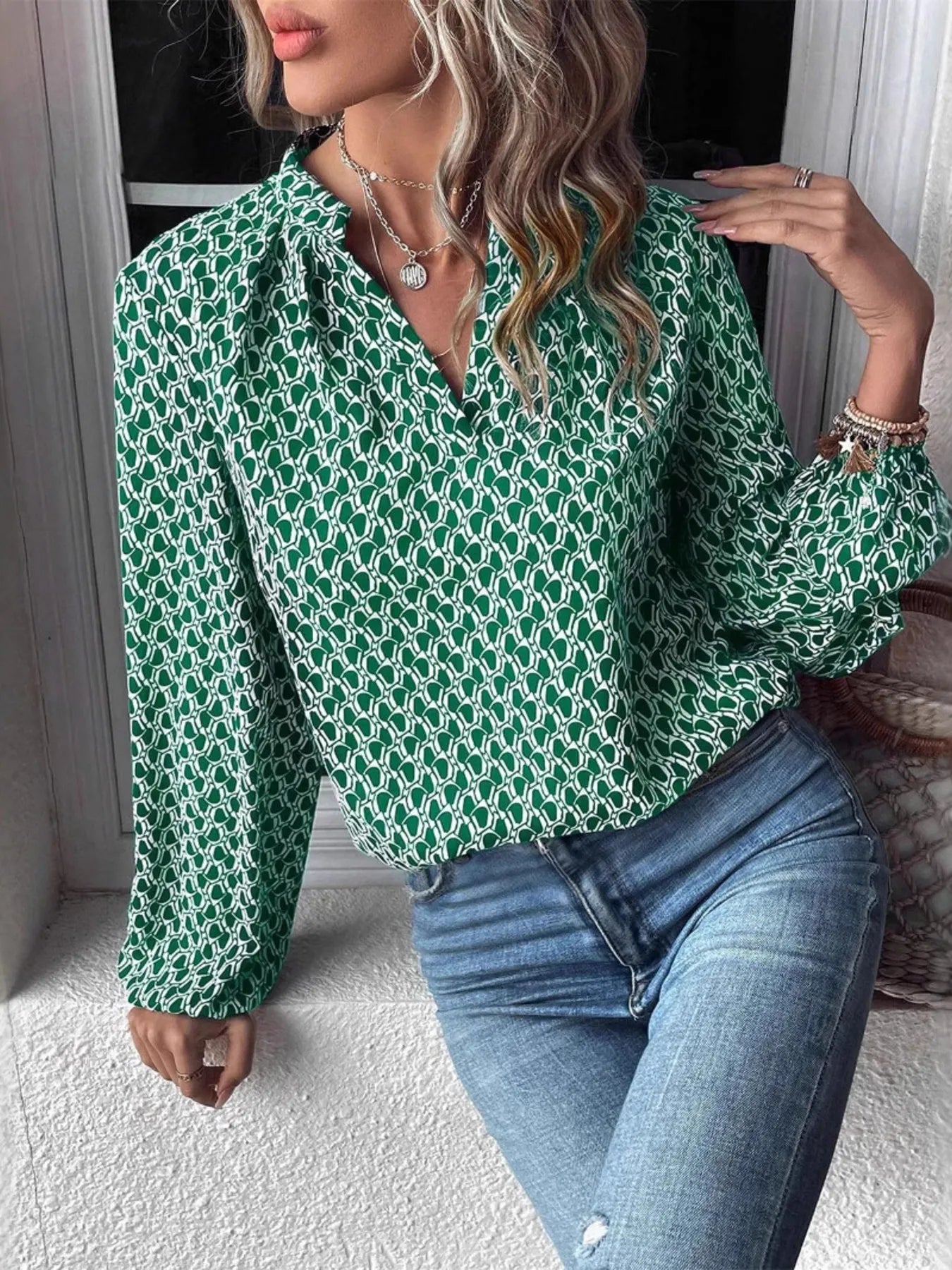 Chic Printed Notched Neck Long Sleeve Blouse