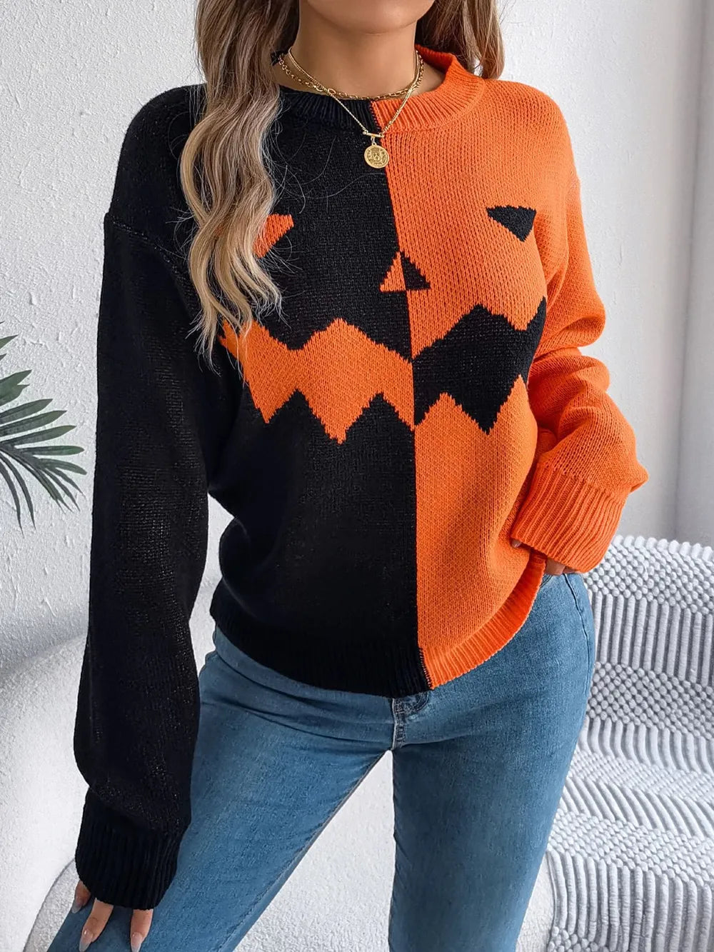 Contrast Round Neck Long Sleeve Sweater

