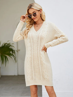 Cozy Cable-Knit V-Neck Mini Sweater Dress