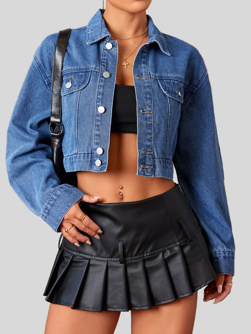 Cropped Button-Up Casual Denim Jacket
