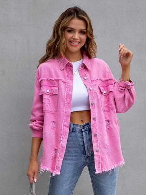 Distressed Drop Shoulder Denim Jacket with Fringe