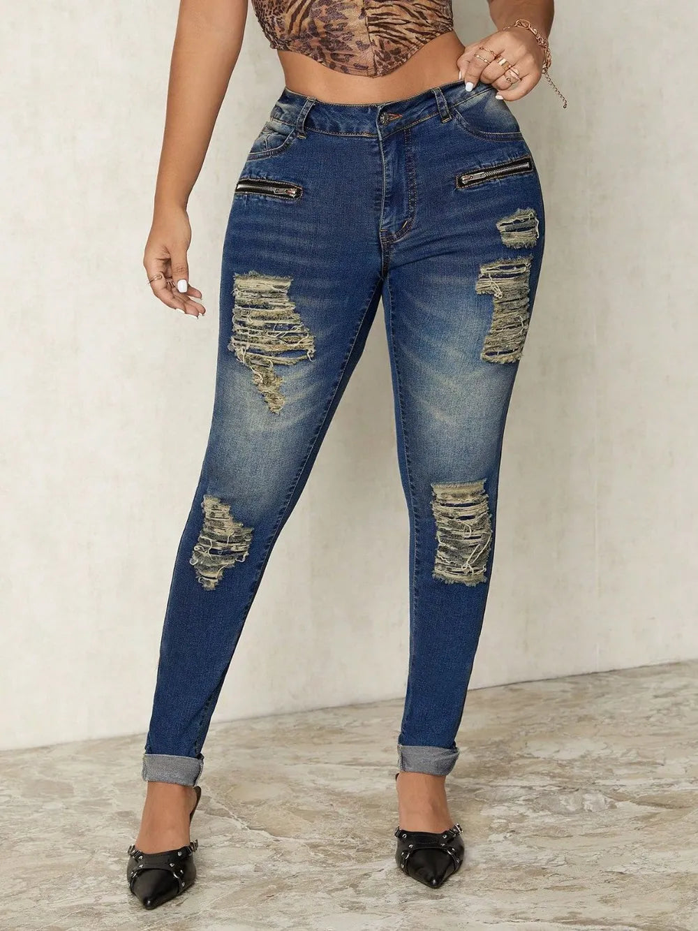 Distressed Skinny Jeans with Zipper Detail - Modern High-Rise Ripped Denim